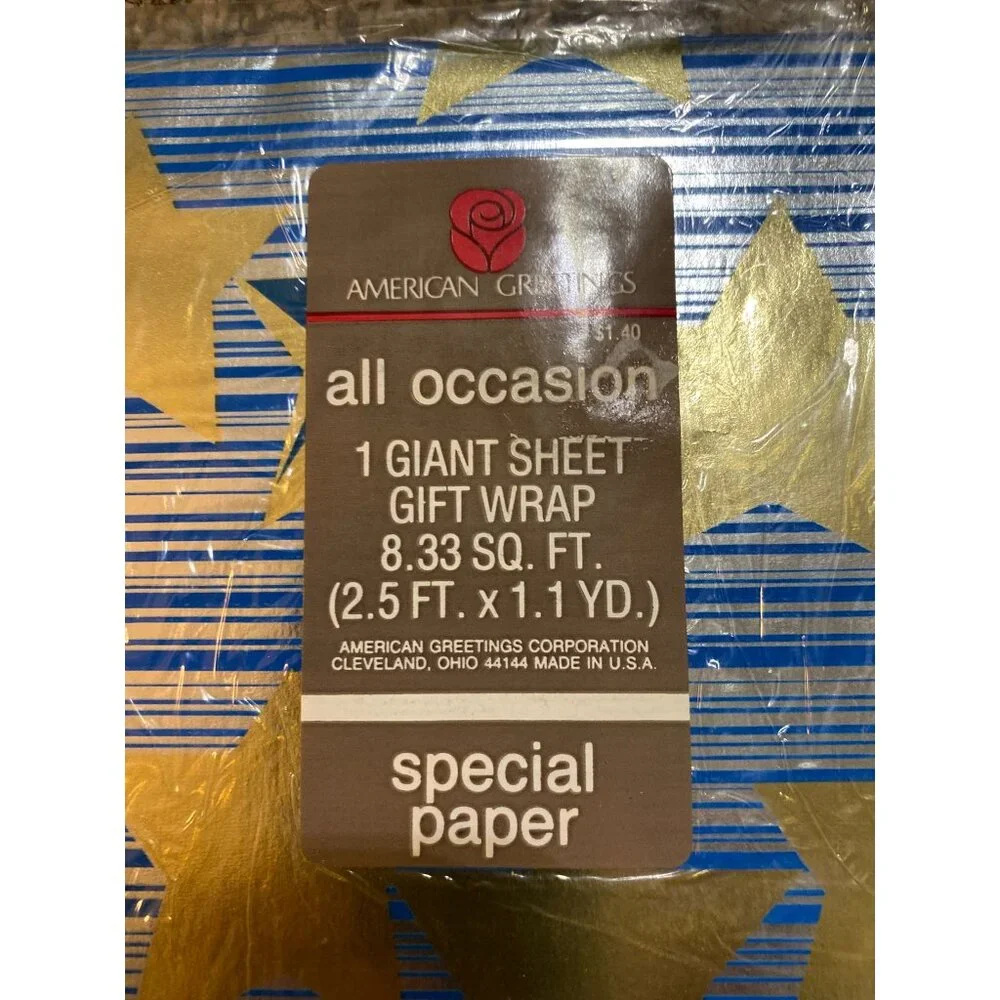 Vintage American Greetings Star Grad Gift Wrap NEW Blue Gold Star Metallic Gradu